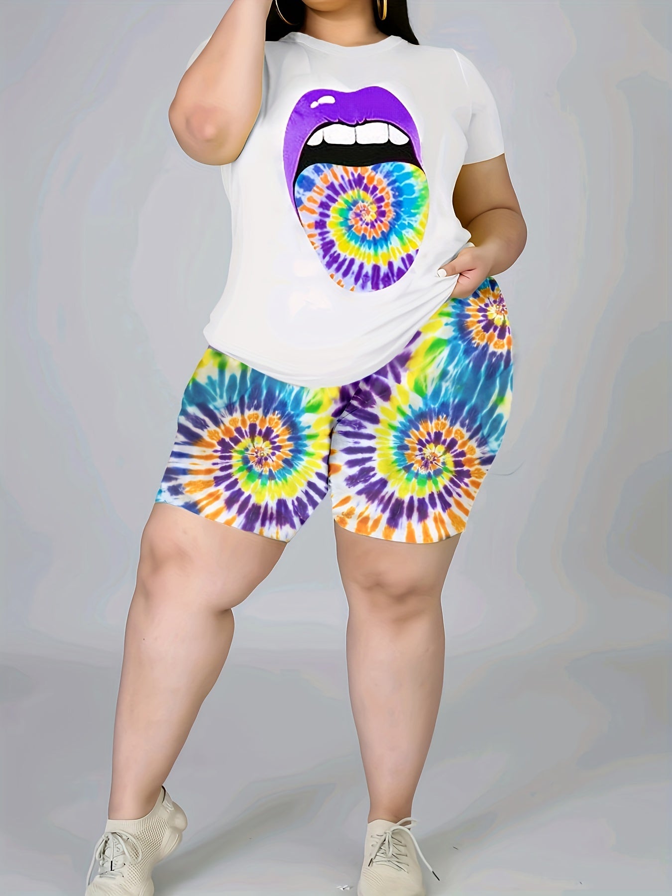 Lip Print Tee & Tie Dye Shorts Set Women's Plus Casual 2pcs Outfits