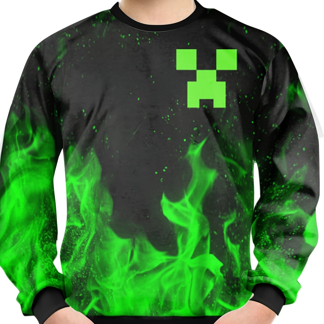 Green Flame Print Kid's Sweatshirt Unisex Pullover Causal Long Sleeve Top