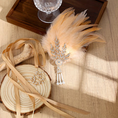 1920s Gatsby Feather Headband with Rhinestones & Pearls