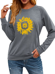 Sunflower Print Crew Neck Pullover Casual Loose Long Sleeve Sweatshirt