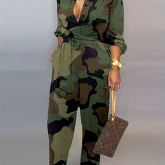 Camouflage Wide Leg Jumpsuit with Pockets