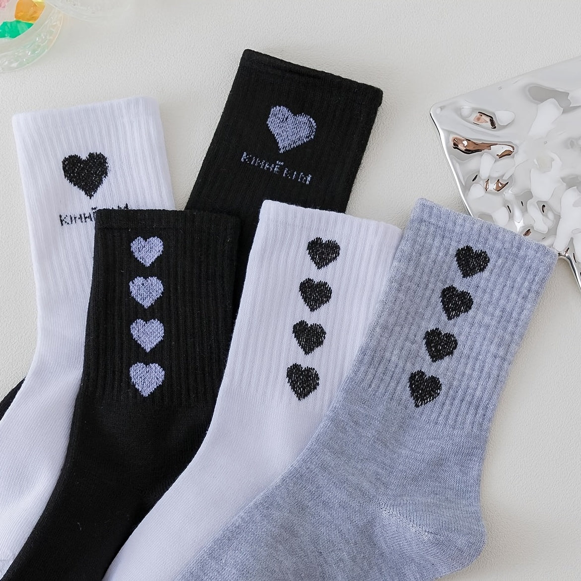 5 Pairs Heart Print Crew Socks Women's Stockings