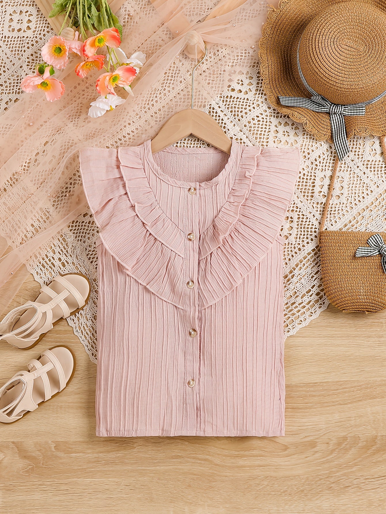 Girls Ruffle Trim Sleeveless Blouses Button Down Shirts Casual Summer Tops