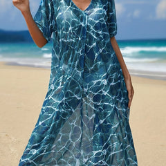 Ripple Print Cover Up Dress V Neck Short Sleeves Loose Fit Semi Sheer Beach Kaft