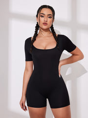 Women's Ribbed Yoga Rompers Solid Short Sleeve Sport Romper