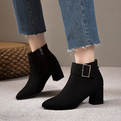 Women's Chunky Heel Ankle Boots with Buckle Decor Side Zip