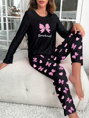 Bow Print Pajama Set Long Sleeve Crew Neck Top & Elastic Waistband Pants