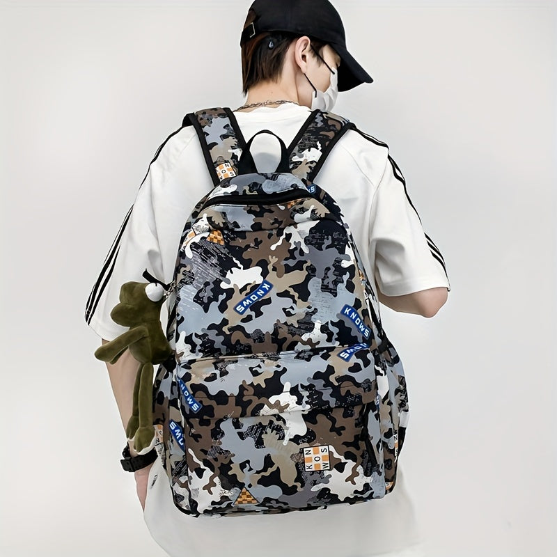 Camouflage Backpack with Frog Pendant for School and Travel