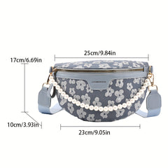 Floral Fanny Pack Women Faux Pearl Chain Chest Purse Wide Strap Crossbody Bag