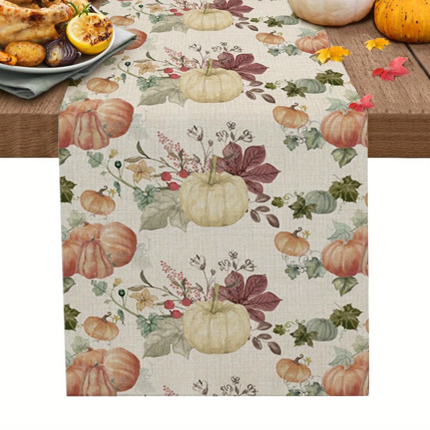 Autumn Pumpkin & Maple Leaves Linen Table Runner 33.02x182.8