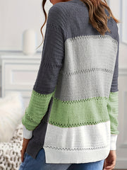 Block Crochet Knit Sweater Casual Crew Neck Long Sleeve Sweater