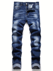 Navy Washed Slim Fit Jeans Men's Casual Street Style High Stretch Denim Pants