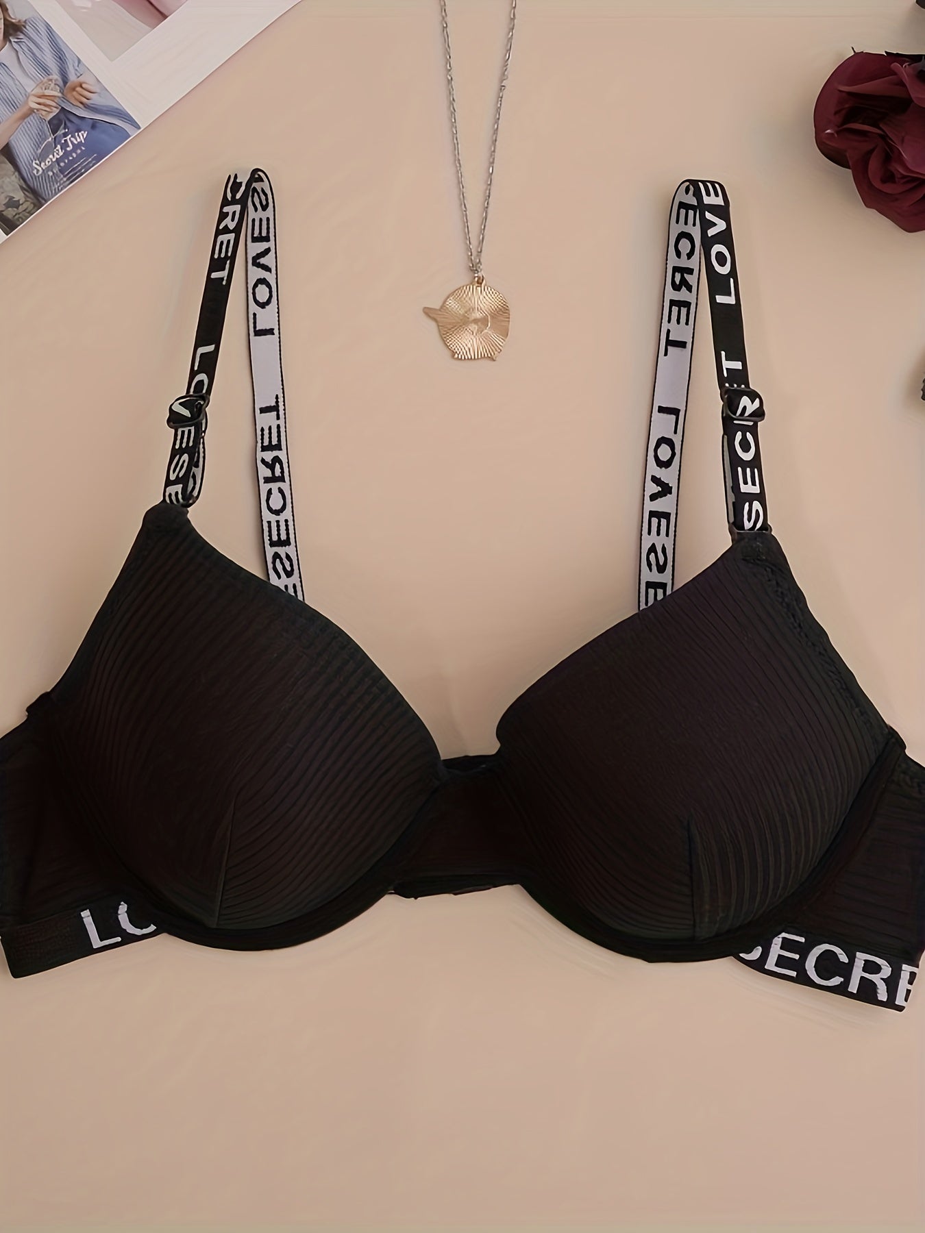 Letter Print Push Up Bra Comfy & Breathable Women's Lingerie