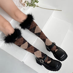 Plaid Print Calf Socks Feather Trim Knee High Stockings