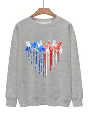 American Flag Heart Print Sweatshirt Casual Loose Comfy Sweatshirt