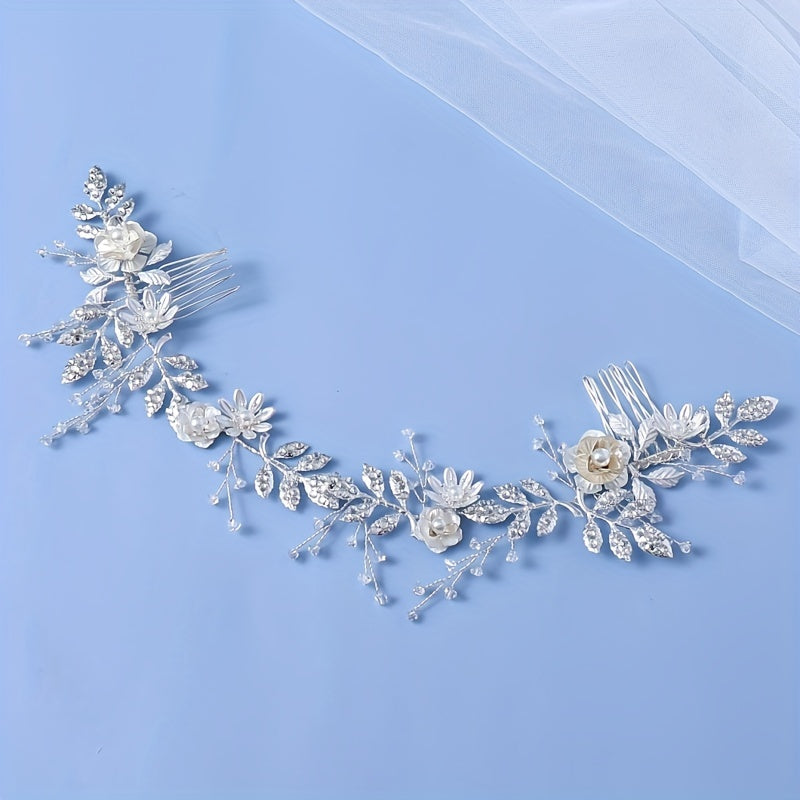 Crystal Faux Pearl Headband Tiara Silvery Flower Rhinestone Hairband