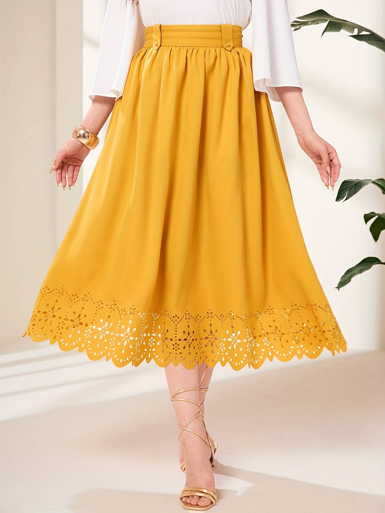 Ruched High Waist Midi Skirt Solid Color