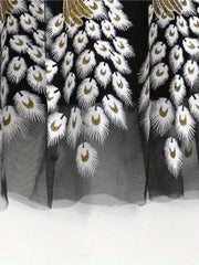 Women's Plus Peacock & Feather Print Elastic Waist Pleated Mesh Skirt