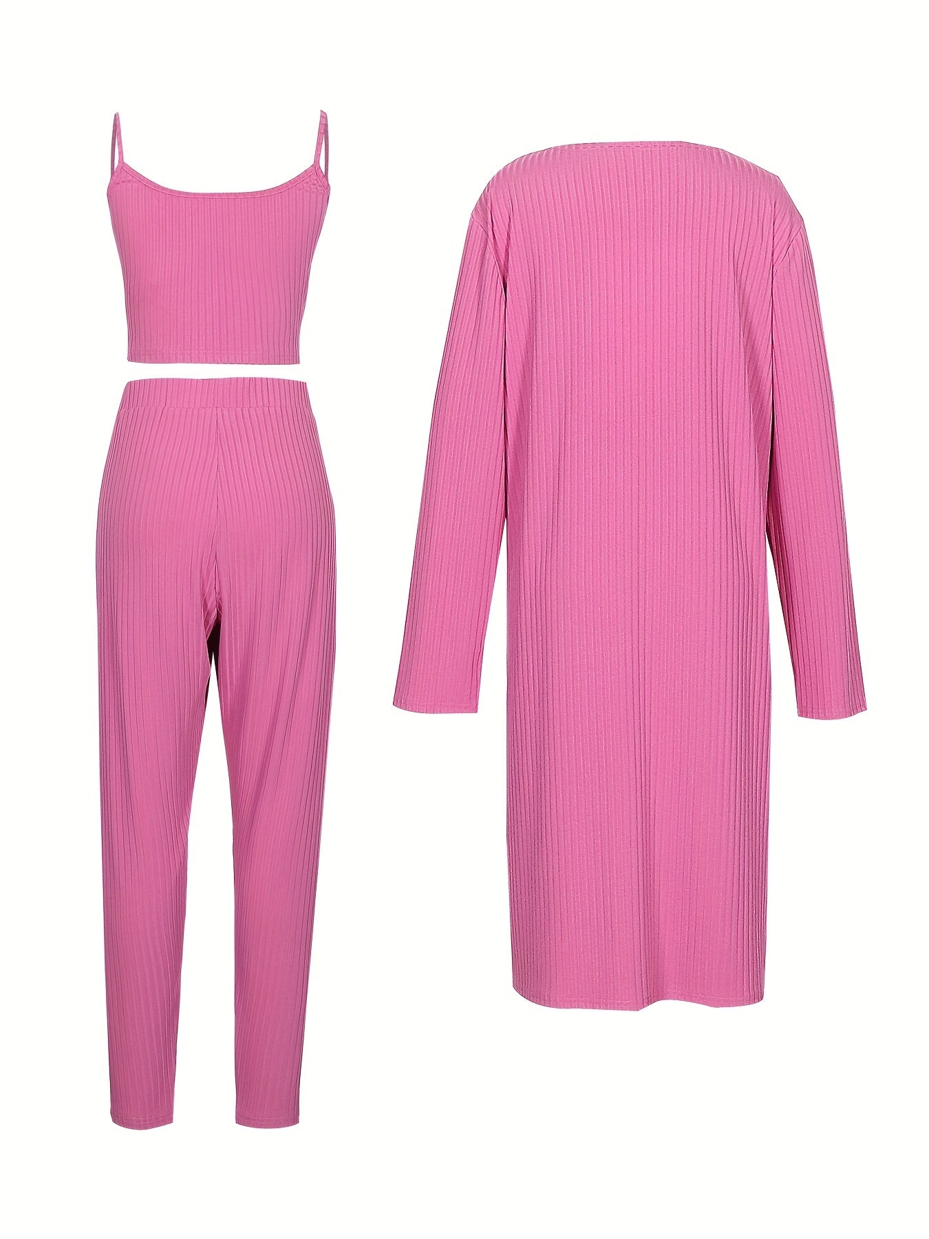 Solid 3-Piece Set: Cardigan, Cami Top & Pants