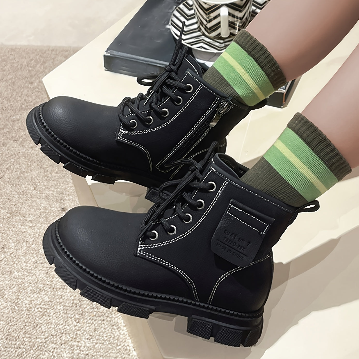 Boys Lace Up Zipper Boots, Non Slip, Comfortable, Indoor/Outdoor, Autumn/Winter