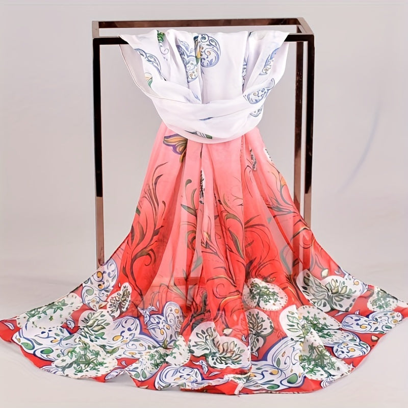Vintage Leaf Print Chiffon Scarf Thin Shawl Breathable Gauze Head Wrap