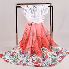 Vintage Leaf Print Chiffon Scarf Thin Shawl Breathable Gauze Head Wrap