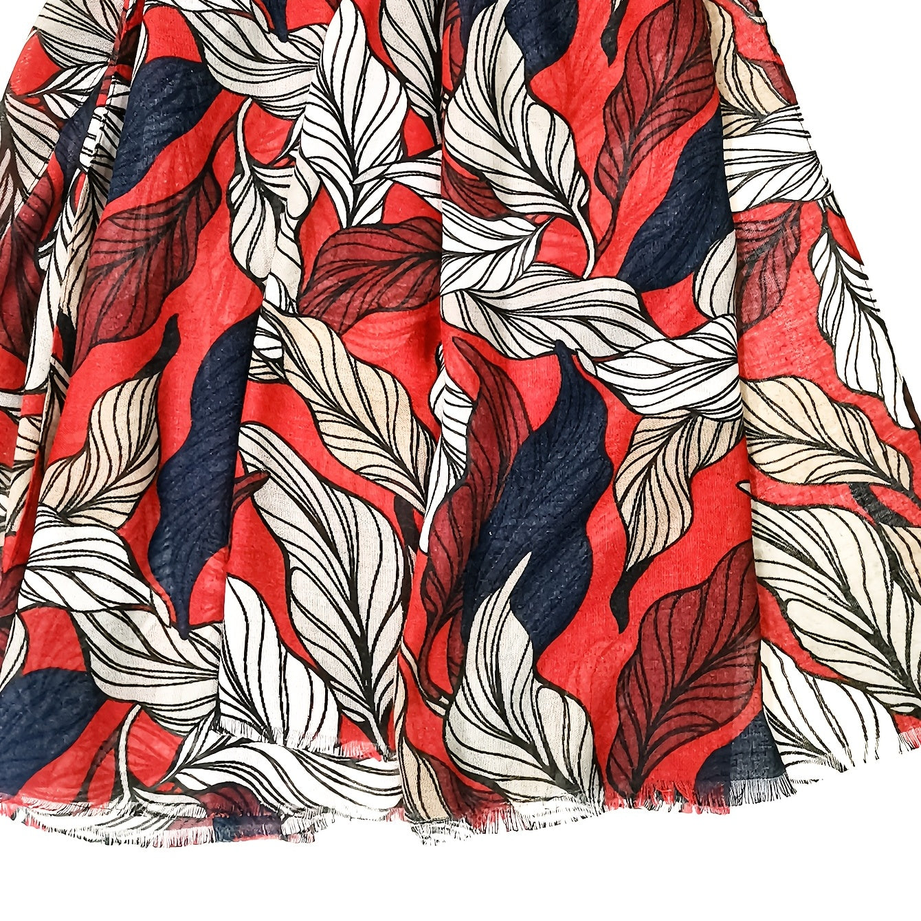 Vintage Red Leaves Print Scarf Classic Shawl Frayed Edge