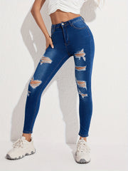 Ripped Holes Skinny Jeans Slim Fit Slash Pockets Slight Stretch