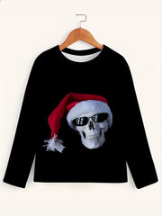 Skull Christmas Hat Print Men's Long Sleeve Graphic Tee