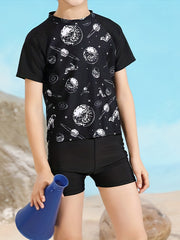 Boy's Planet Pattern Swimsuit 2pcs Set Cartoon Astronaut Print