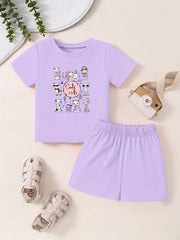 Toddler Short Sleeve T shirt & Shorts Set Cartoon Pattern Comfy Summer Outfit