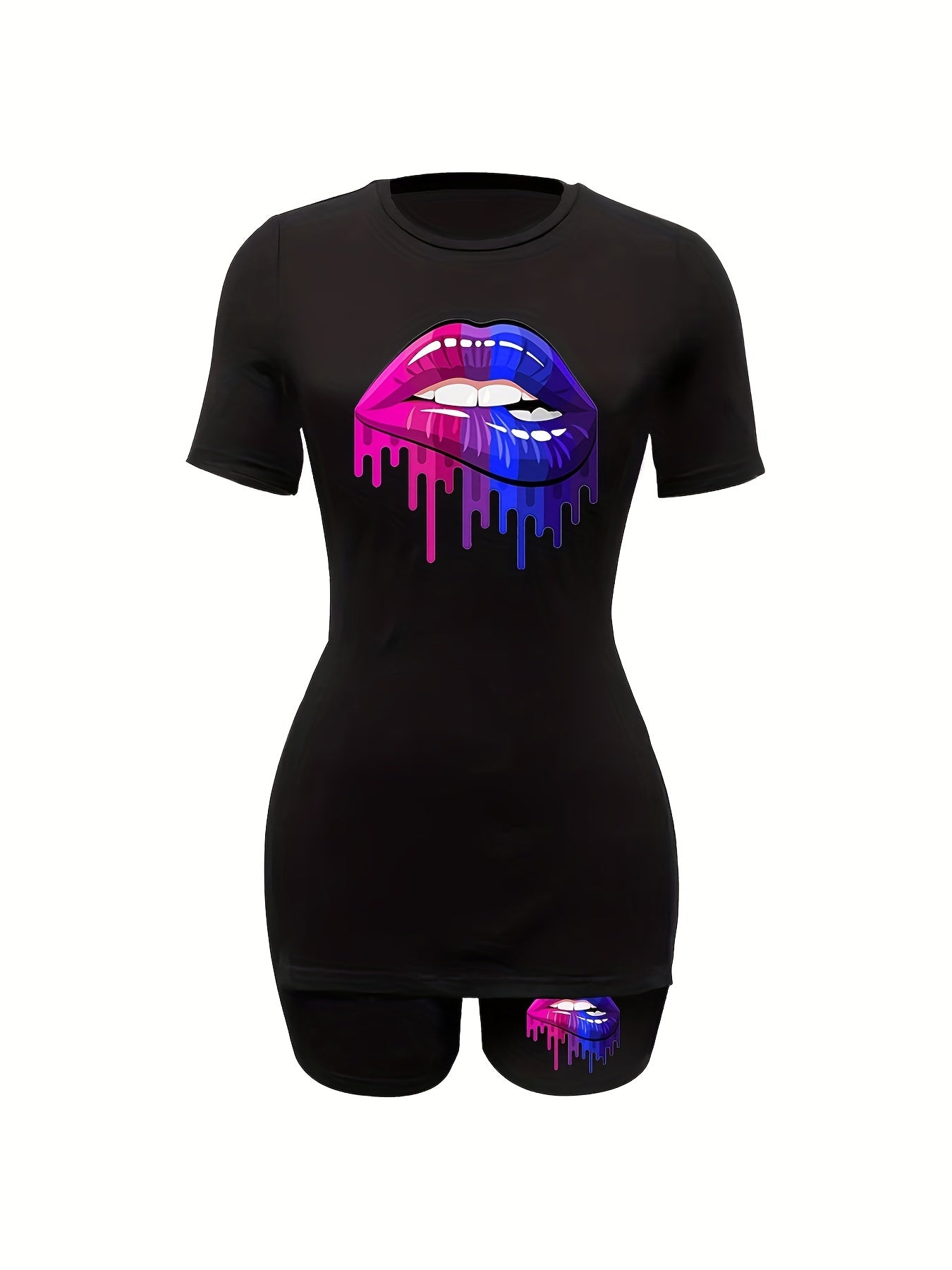 Lips Print Two Piece Set Short Sleeve T Shirt & Shorts Casual 2pcs Outfit