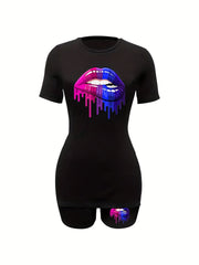 Lips Print Two Piece Set Short Sleeve T Shirt & Shorts Casual 2pcs Outfit