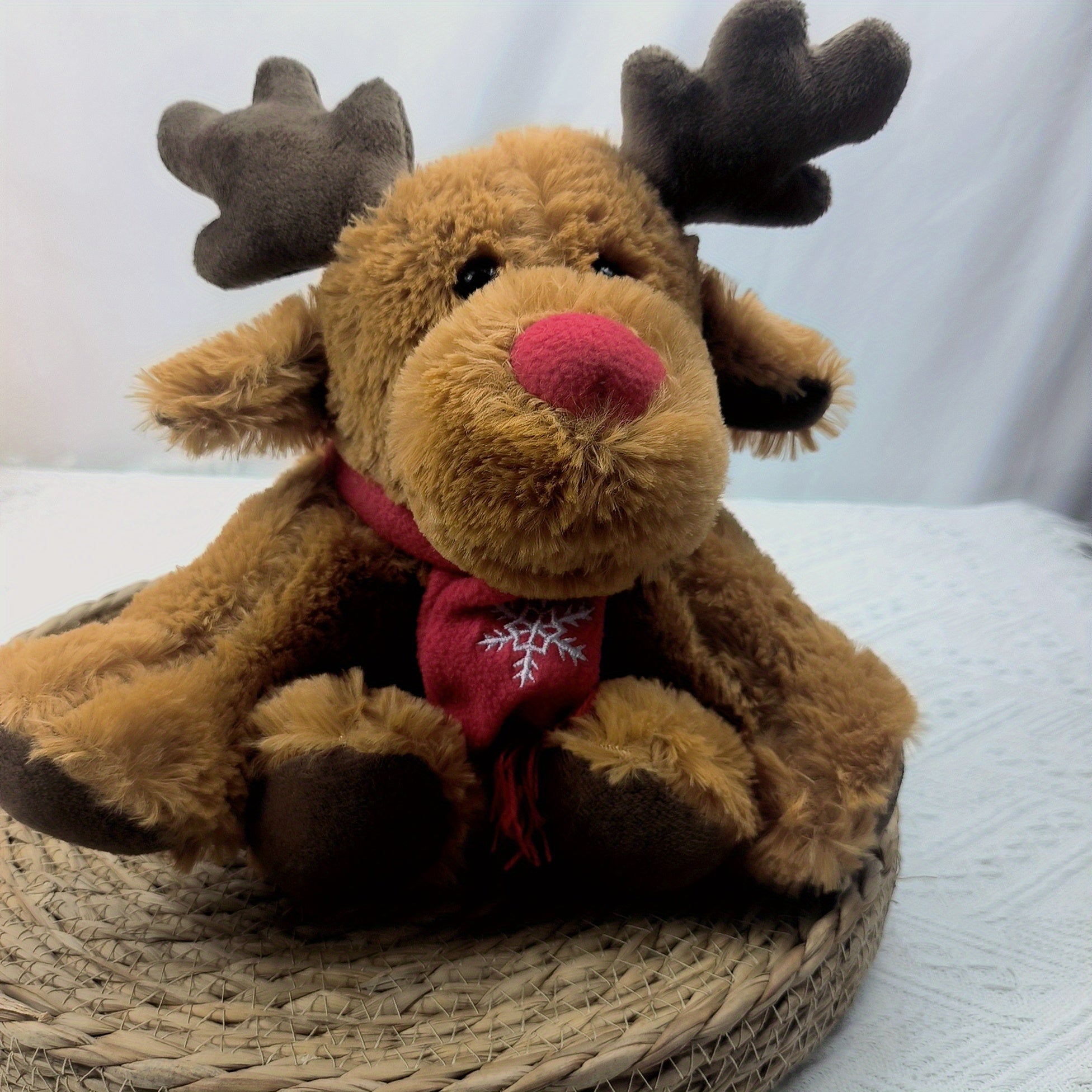 Christmas Reindeer Plush Toy Stuffed Animal with Antlers, Nose, and Scarf