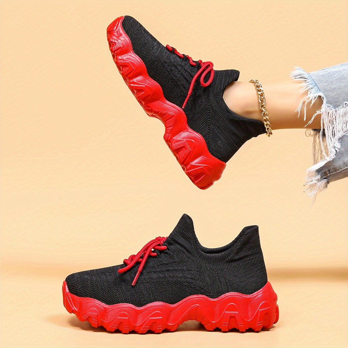 Thick Sole Running Shoes Mesh Breathable Lace Up Sneakers