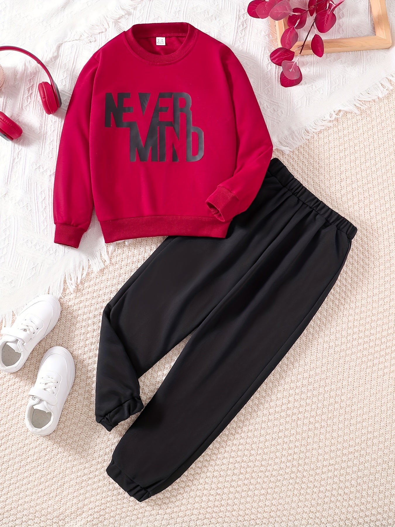 Boys 2pcs Sweatshirt & Pants NEVER MIND Print Top Casual Kids Clothes