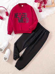 Boys 2pcs Sweatshirt & Pants NEVER MIND Print Top Casual Kids Clothes