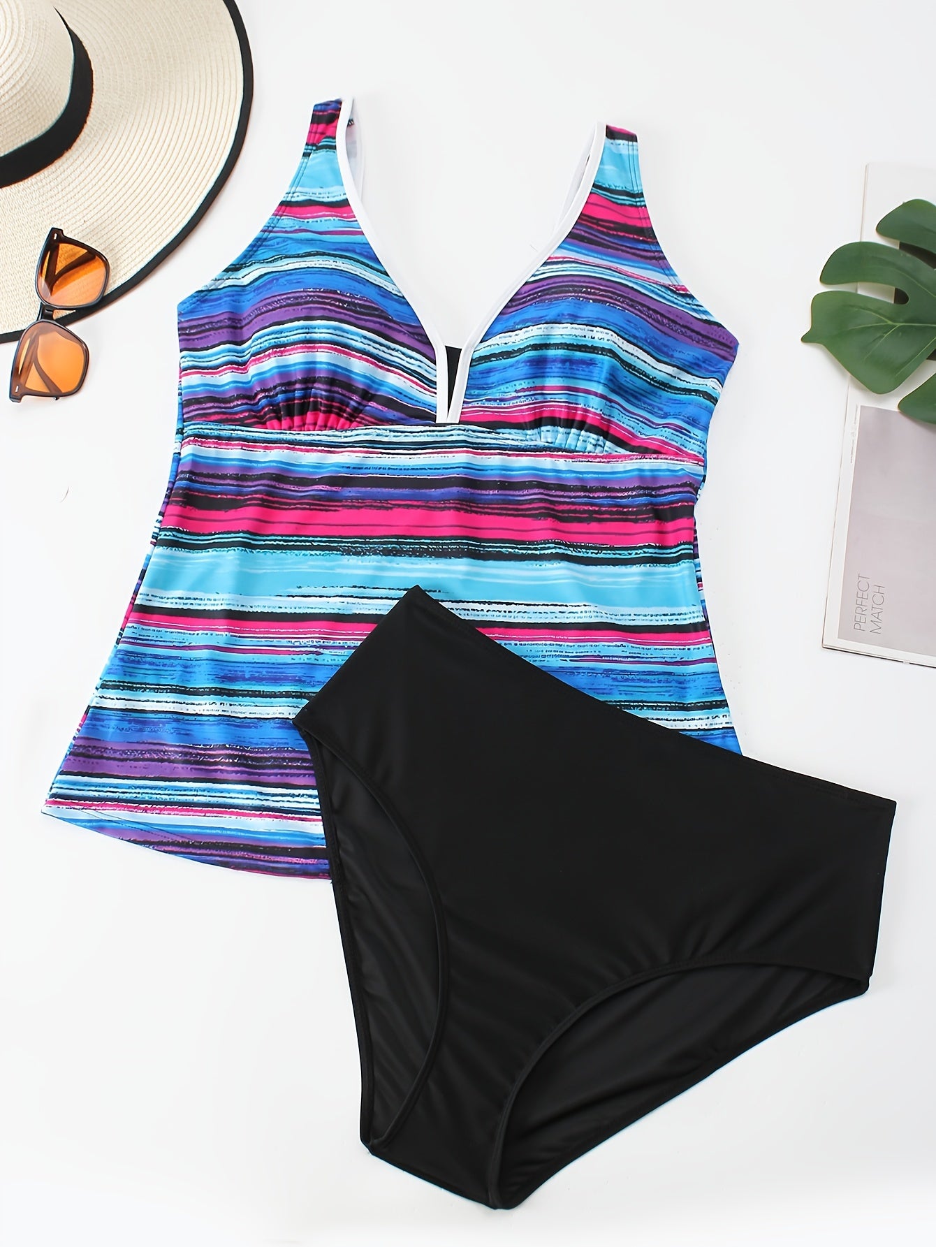 Plus Striped Print V Neck Cami Top with Panty Set