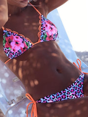 Pink Floral Leopard Print 2 Piece Bikini Set