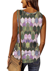 Print V Neck Zip Up Tank Top Sleeveless Summer Women's Clothing