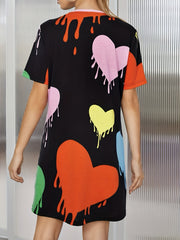 Heart Print Lounge Dress Soft & Comfy Short Sleeve Crew Neck Home Dress