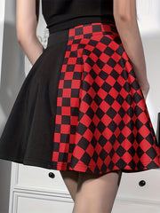Chessboard Print Splicing Skirt Gothic Ruched Punk Mini Skirt