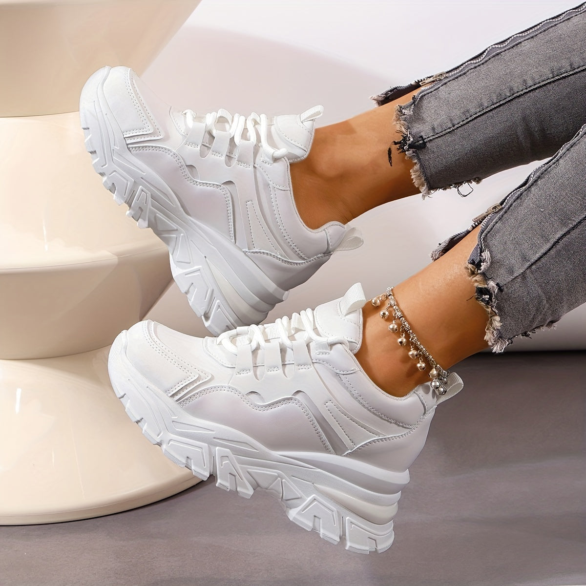 Thick Sole Shock Absorption Sports Sneakers, Inner Heighten Casual Walking Shoes
