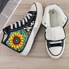 Plush Lined Chunky Canvas Sneakers - Flower Print - Non Slip - High Top - Warm