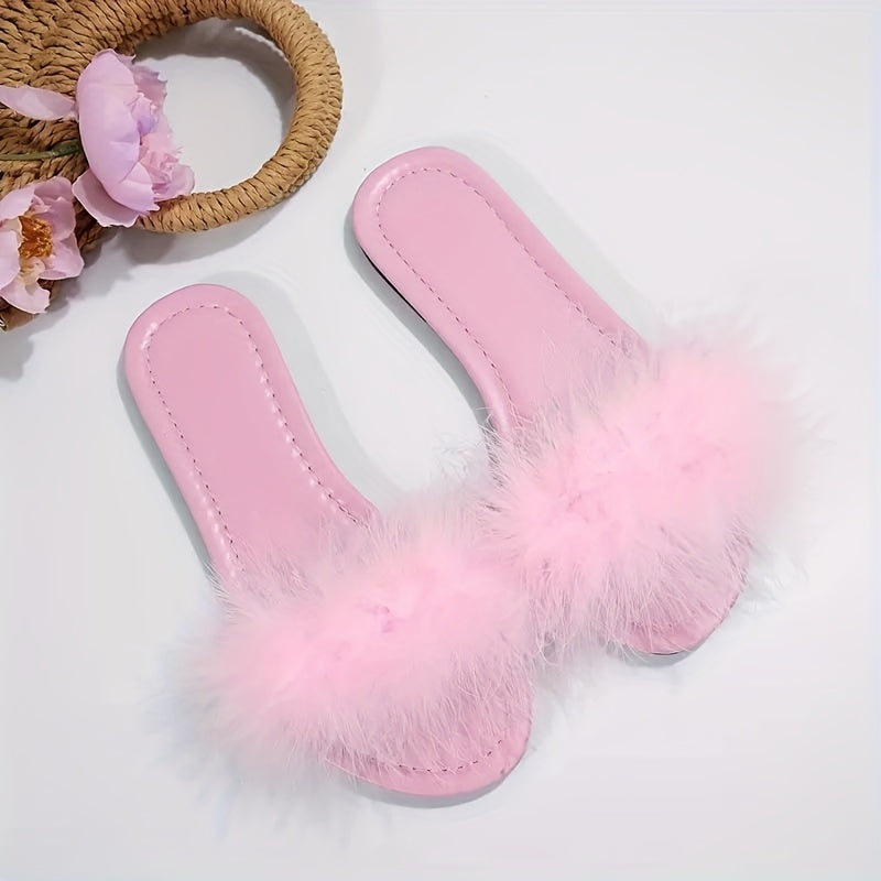 Women's Faux Fur Slide Sandals Flat Lightweight Summer Shoes