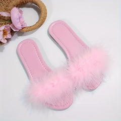 Women's Faux Fur Slide Sandals Flat Lightweight Summer Shoes
