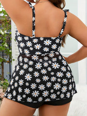 Daisy Print Boho Tankini Set with Ruffle Trim Cami Top & Shorts