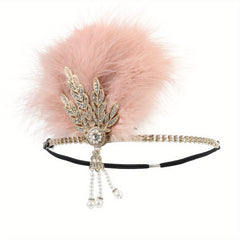 Rhinestone Flapper Headband with Feather & Pearl Tassel