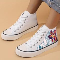 Wolf Print Chunky Canvas Sneakers High Top Skate Shoes