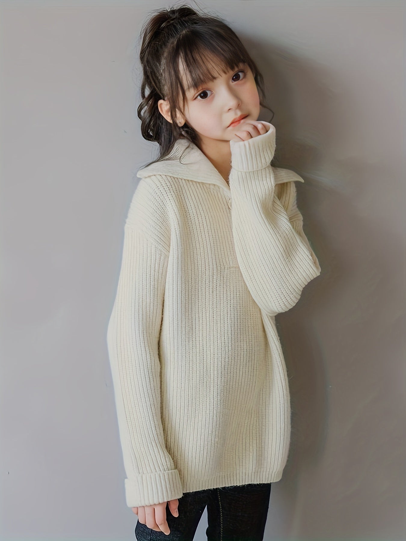 Girls Ribbed Knit Long Sleeve Collar Tops Casual Knitwear Kids Clothes